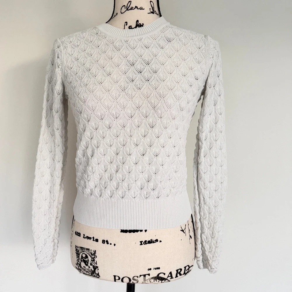 Club Monaco Sweater Pointelle Knit Sz S Ivory Ribbed Collar/Hem Quiet Luxurycore